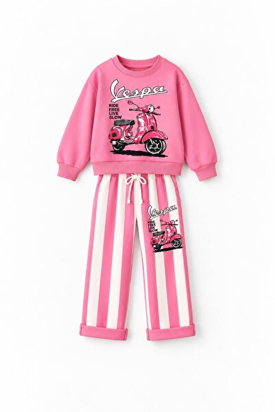 YİGİT BUTİK Girl's Scooter Printed Top and Striped Pants Set