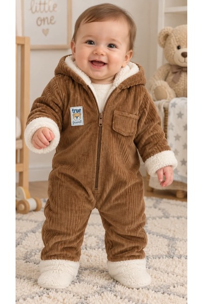 KUZENLER BEBE BEBEK İÇİ WELSOFT DIŞI KADİFE KIŞLIK KAPŞONLU KOZMONOT TULUM kz...
