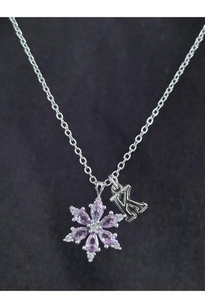 bijoux uniques Pink Zircon Stone Lotus Flower K Letter Women's Steel Necklace