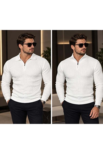 Polo Yaka Triko Sweatshirt - BEYAZ - ST 506
