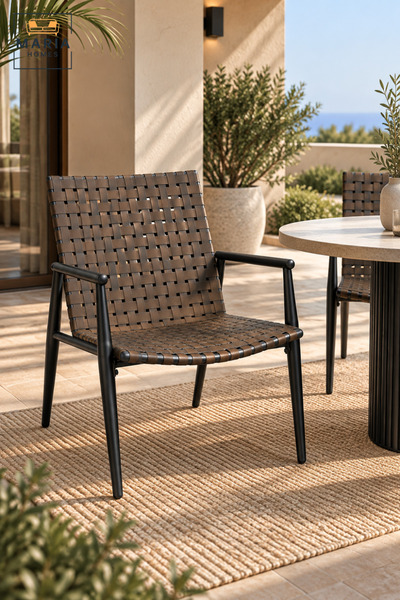 MARIA HOMES Modern Outdoor Arm Chair | Dark Brown Woven Strap Chair with Blac...