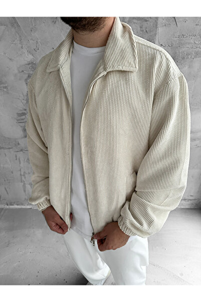 NO1 KONSEPT Ecru Oversize Velvet Zippered Bomber Jacket