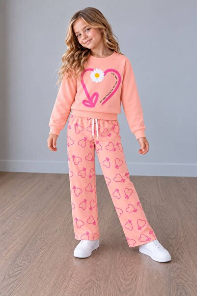 YİGİT BUTİK Girl's Daisy Heart Printed Sweatshirt and Patterned Pants 2-Piece...