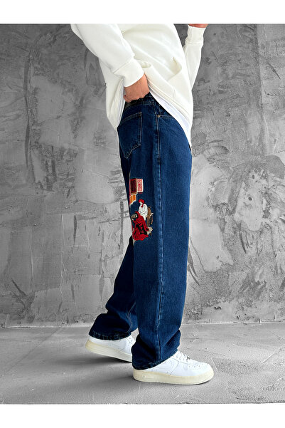NO1 KONSEPT Kilim Dokuma Nakışlı Lacivert Baggy Jean Pantolon