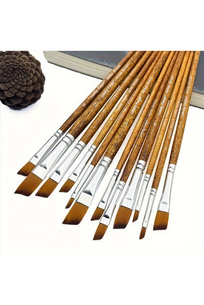 Choice 12pcs Brown Angular 12pcs Professional Artist Filbert Paint Brush Set ...