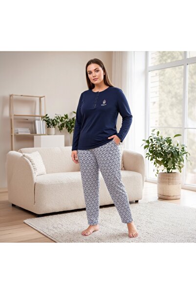 REN Women's navy blue 100% cotton solid fabric oversized comfort fit pajama set