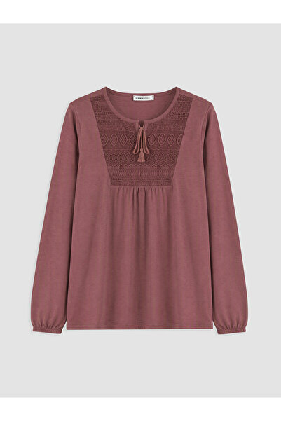 LC Waikiki Vizyon New Season Pink Crew Neck Embroidered Gathered Blouse