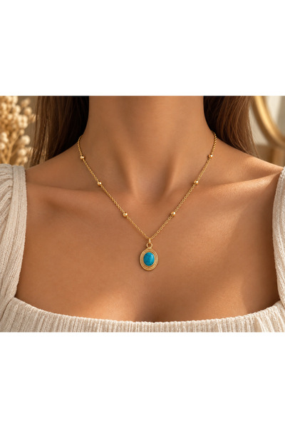 Uno Di Famiglia Oval Stone Detailed Women's Necklace, Vintage-Inspired Elegan...