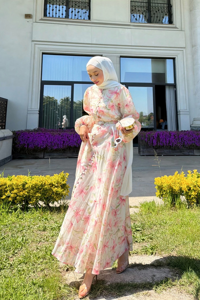 fushya design Düğme Birit Detaylı Çiçekli Elbise