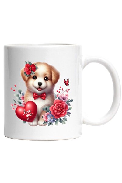 INOVATIX Cana alba personalizata,un catelus vesel, inima Love you, pentru iub...