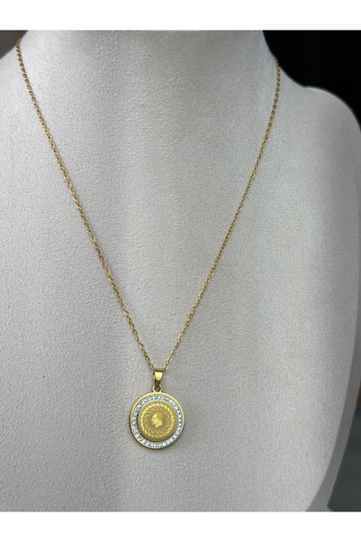 stainles steel Gold Renk Gram Altın Görünümlü Zirkon Taşlı Kolye