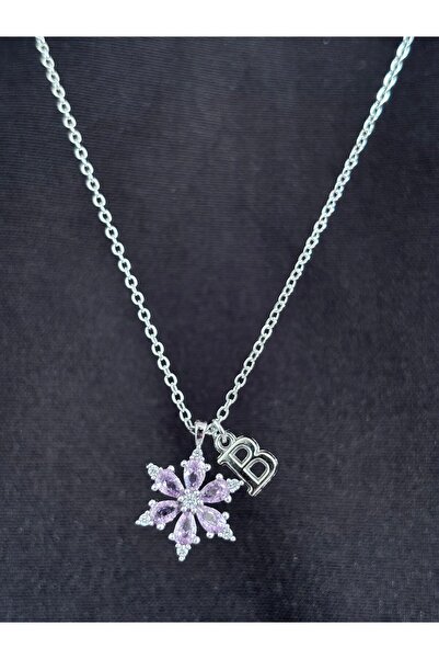bijoux uniques Pembe zirkon taşlı lotus çiçek B harfli kadın çelik kolye