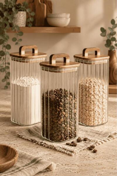 Atbyhome 3'lü Kulplu Akasya Ahşap Kapaklı Çizgili Cam Kavanoz Seti 1850 ml - ...