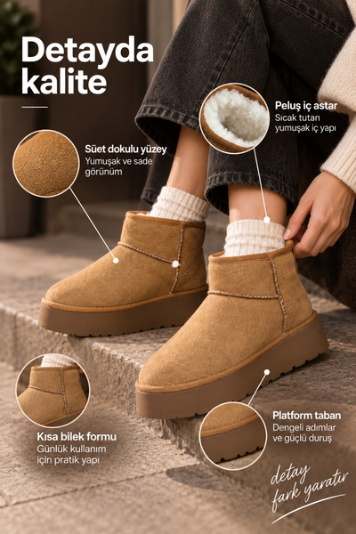 Miss Kiss Women's Tan Suede Look Thick Platform Sole High Mini Boots with Fur Inside