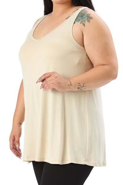 DISENTIS MODEST Plus Size V-Neck Flared Cut Long Beige Blouse