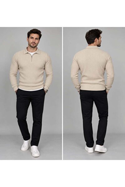Polo Yaka Triko Sweatshirt - BEJ - ST 506
