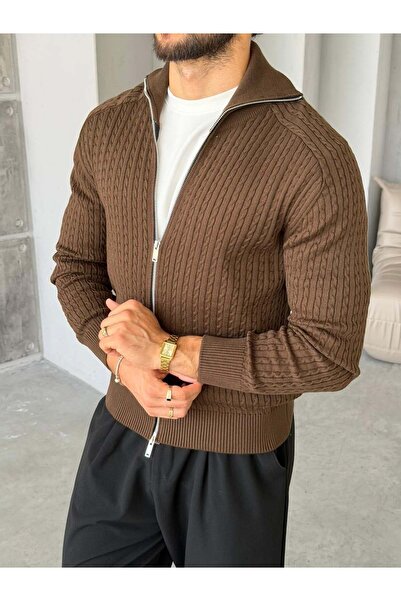 FO4RBS Knitted Patterned Double Zipper Knitwear Cardigan m - Brown