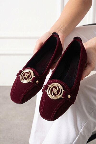 FUGA MODA Milva Bordo Gold Tokalı Kadife Dokulu Elegant Hafif Ev Babeti