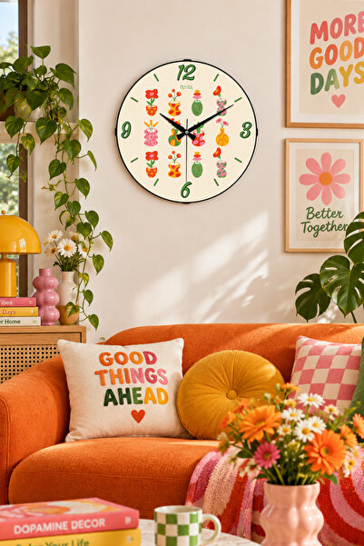 Muyika Design Dopamin Duvar Saati 36 cm Renkli Vazoda Çiçekler Desenli Sessiz...