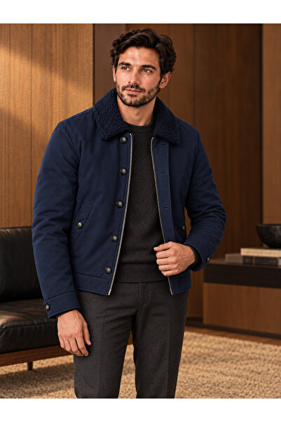 Danger Men's Fur Collar Quilted Coat Jacket Navy Blue 4322Dngr