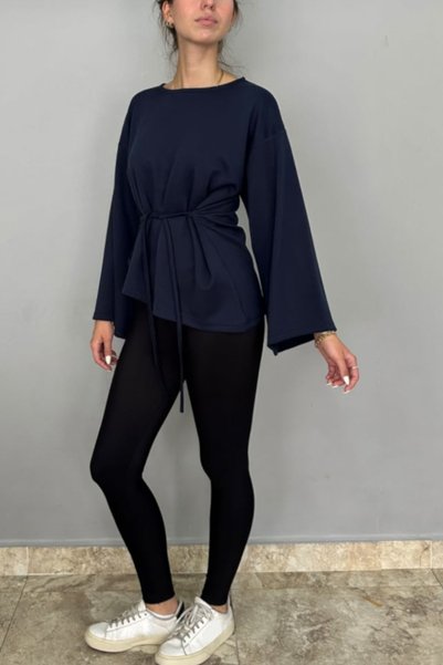 Tam Moda Soft Touch İnce Kuşaklı Asimetrik Salaş Bluz