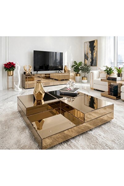 LUXURY VİLLA LUXURY KOMPLE GOLD AYNALI TV SEHPASI 182 × 40 YÜKSEKLIK 53 CM GO...