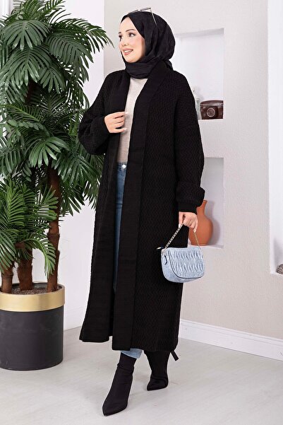 EBRUTESETTÜR Shawl Collar Patterned Long Knitwear Cardigan Black