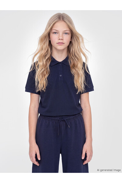 LC Waikiki Vizyon New Season Navy Blue Polo Collar Girls' Pique T-Shirt