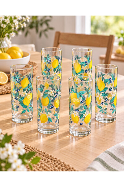 Uniglass Set of 6 glass glasses 270 ml, lemon and blueberry decoration, for w...