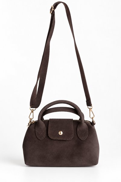 FEG STORE Soft Suede Textured Brown Zippered Crossbody Small Bag with Snap Closure Detail