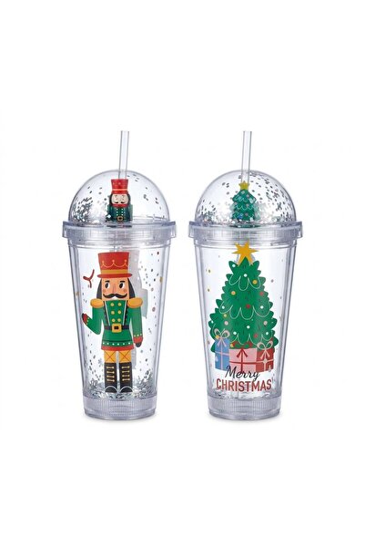 OEM Festive Christmas glass with straw, Glittery dome lid and LED, 3 light mo...