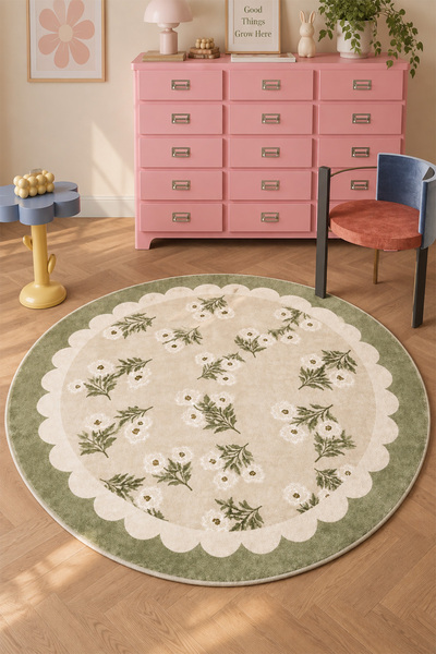 PINKIE HOME Dijital Baskı Yıkanabilir Kaymaz Leke Tutmaz Çiçekli Yuvarlak Mut...