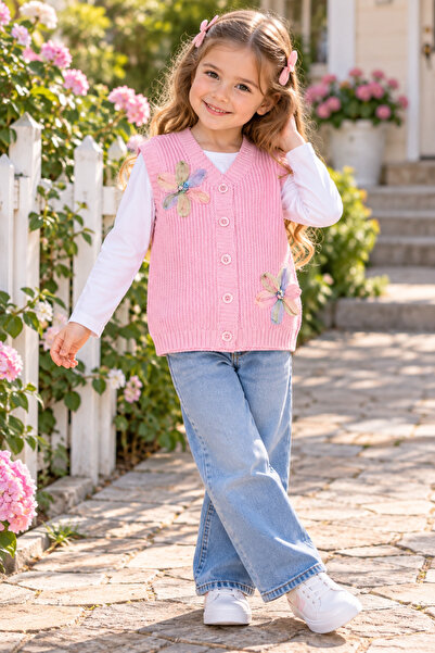 SERPİL Ss Gi̇yi̇m Girls' Floral Patterned Knitwear Vest – Knitted Buttoned Sl...