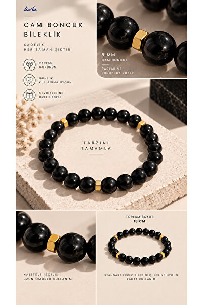Larla 8 mm Black Glass Bead Bracelet with Yellow Steel Cube Detail 18 cm Unisex Flexible Handmade Jewelry