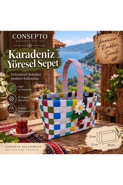 Genel Markalar Karadeniz Yöresel El Örgüsü Sepet – Renkli Desenli Günlük Kull...