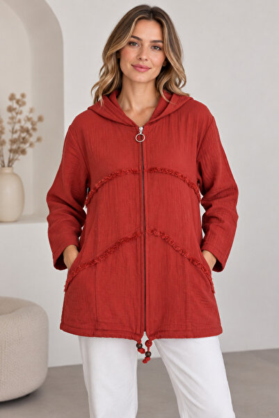 SERAPA Hooded Zippered 100% Cotton Muslin Jacket with Tassel Detail and Draws...