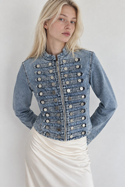 kikiriktekstil 11030 Kadın Metal Düğme Detaylı Fermuarlı Denim Ceket