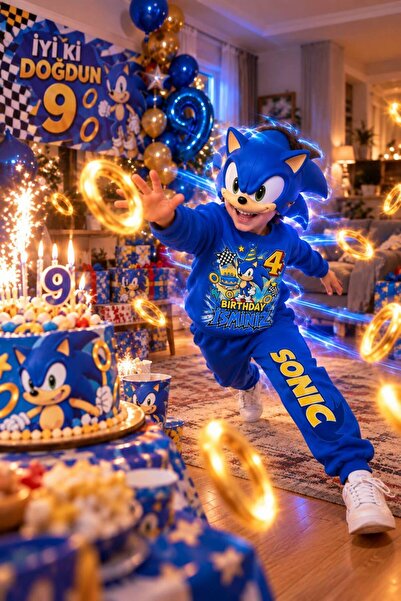 genosha Kişiye Özel Sonic Temalı Çocuk Kostümü Doğum Günü Eşofman Takımı %100...