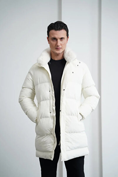MODEFENDİ Men's Collar Fur Detachable Long Inflatable Coat