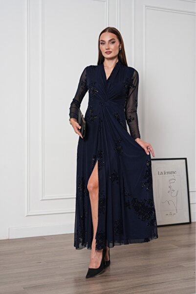 maf collection فستان سهرة نسائي بأكمام طويلة وياقة على شكل حرف V باللون الأزر...