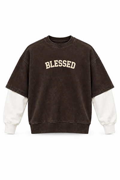 Blessed - Kahverengi - Oversize Fit - Erkek Sweatshirt