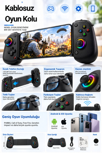 CROW'S TECH Kablosuz Mobil Oyun Kolu RGB Joystick Android iOS Uyumlu Telefon Tutuculu Mobil Gamepad