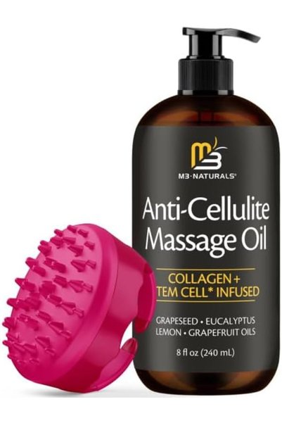 M3 NATURALS زيت تدليك مضاد للسيلوليت ومجموعة فرشاة الجسم السيليكونية، 8 أونصة...