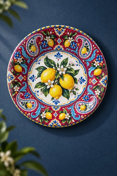 Ahenk Ev&Sofra Dekoratif Duvar Tabağı - Limon ve Kırmızı Paisley Desenli 27 c...