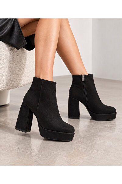 Folle Black Suede Women's Platform Boots 10 cm Thick Heeled Zippered Genuine ...