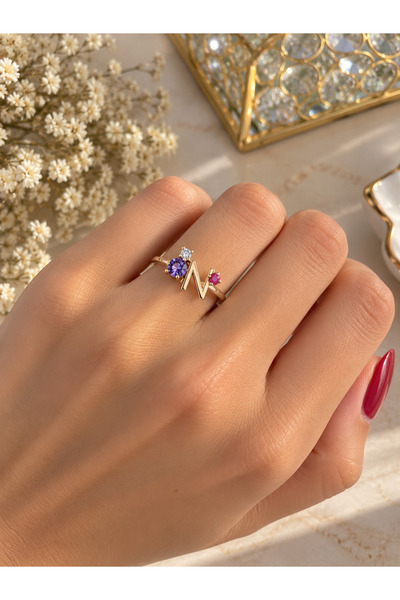 Lilith Takı Stylish Women's Ring with Letter N and Colorful Stone Detail – Elegant and Sparkling Design