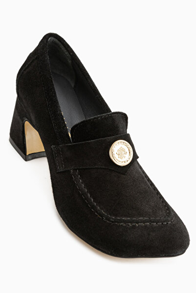 Limoya Agnes Genuine Leather Black Buckle Detailed Women's Heeled Shoes