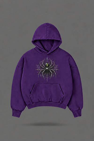 EVIus Oversize Chrome Widow Spider Front and Back Printed Hooded Purple Sweat...