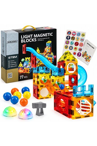 KRUZZEL Magnetic Construction Set, 77 pieces, Ball Track, Magnetic Blocks, Lu...