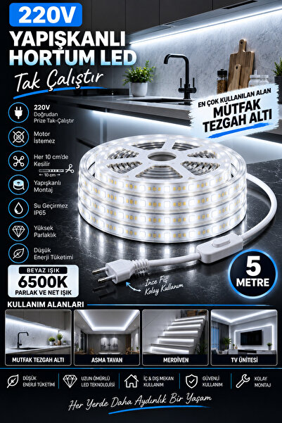 LED PAZARI MUTFAK DOLABI TEZGAH ÜSTÜ ALTI 5 METRE 220V TAK ÇALIŞTIR YAPIŞKANL...